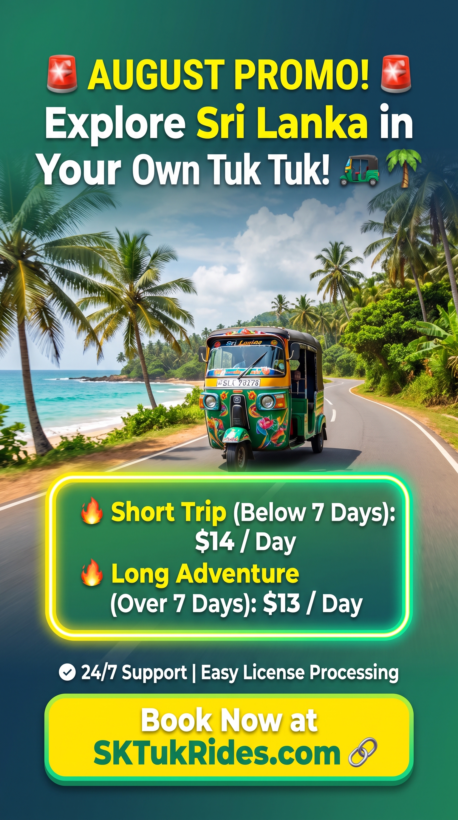 August 2026 Tuk Tuk Rental Promo Sri Lanka — Short Trip $14/day, Long Adventure $13/day