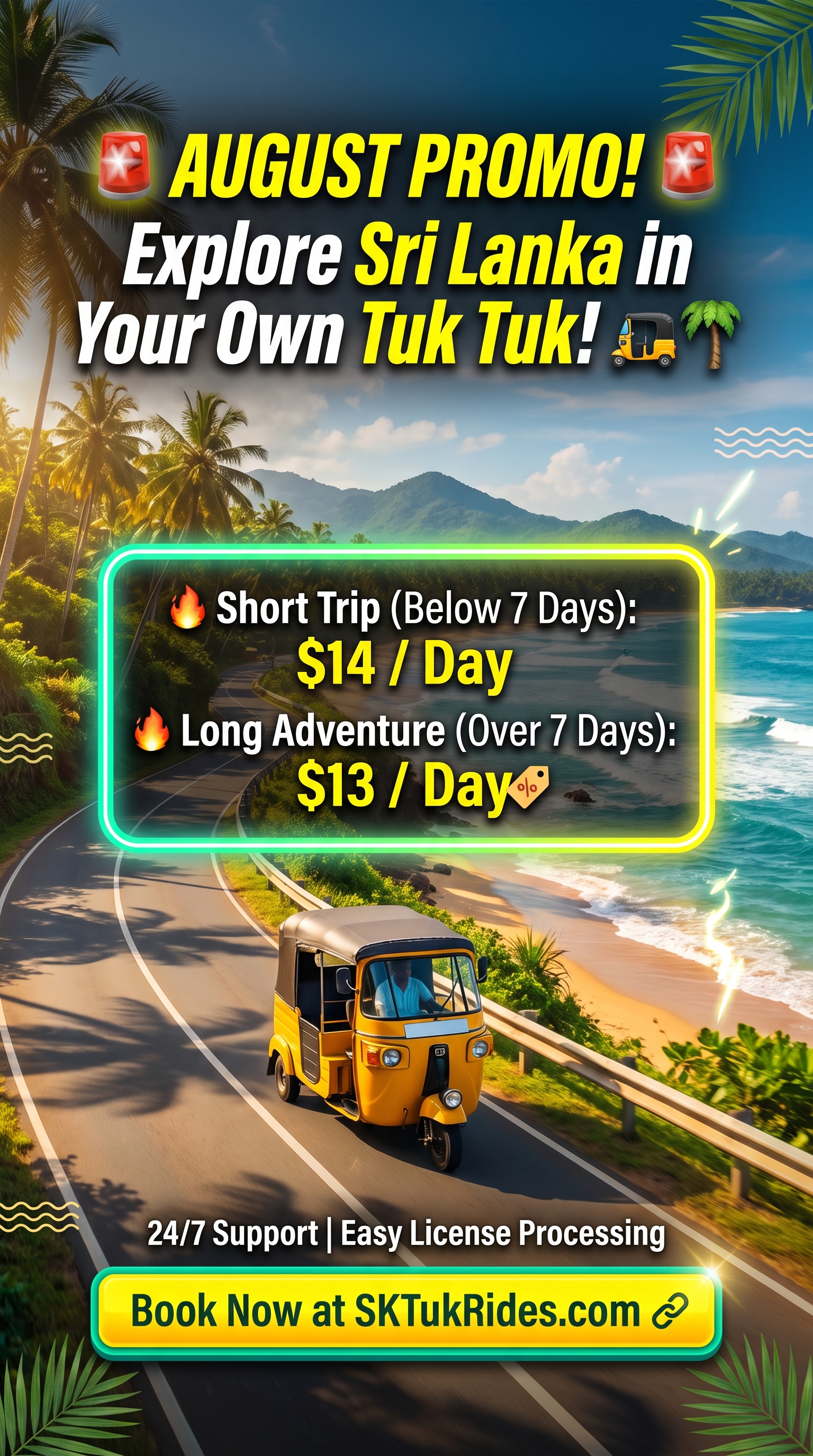 SK Tuk Rides August Offer — Beach coastal road tuk tuk Sri Lanka $14/day