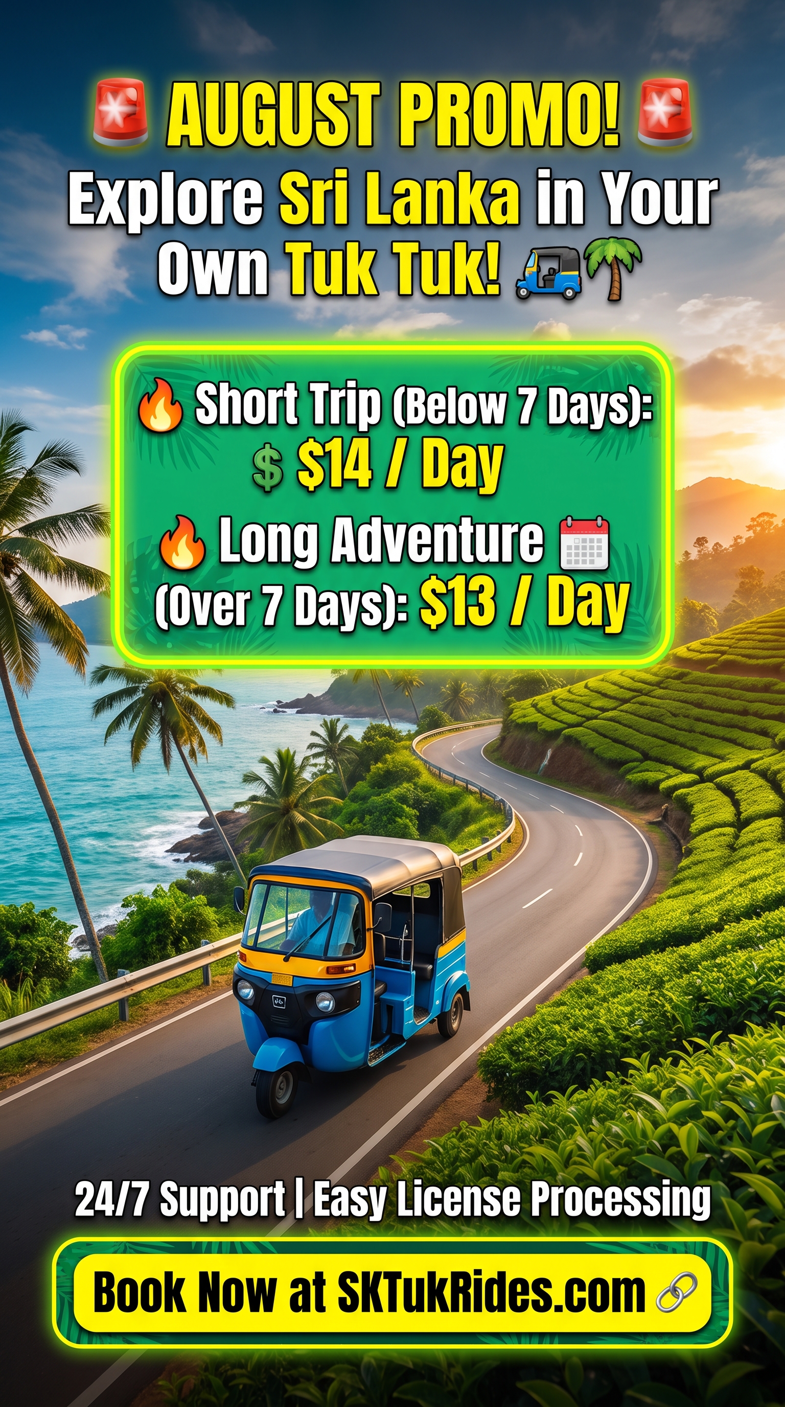 SK Tuk Rides August 2026 Promotion — Blue tuk tuk beach road Sri Lanka